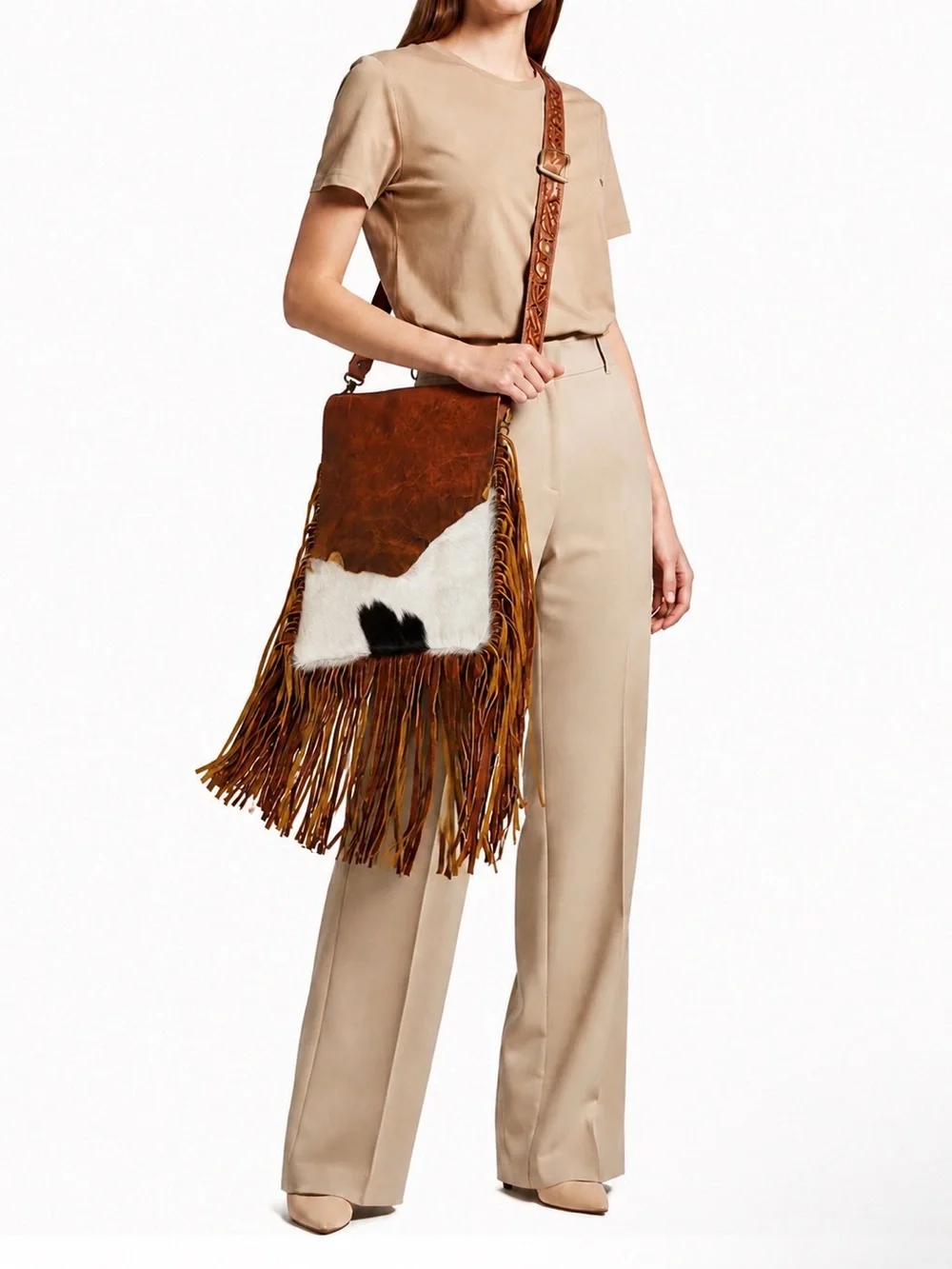 American Darling Hair-On Hide Leather Western Messenger Fringe Bag BNWT